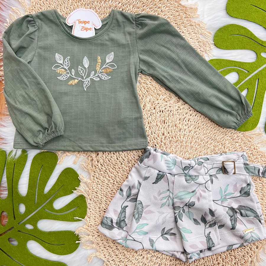 Conj. Blusa Manga Longa Folhas Bordadas e Short Folhagem - Verde Musgo
